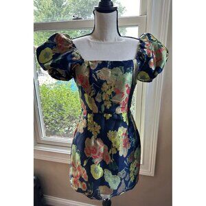 NWT Lulu's Blue Floral Jacquard Puffy Sleeve Mini Dress, Size Small NEW‎